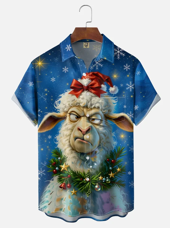 Moisture-Wicking Christmas Sheep In Santa Hats Snowflakes Bells  Chest Pocket Hawaiian Shirt