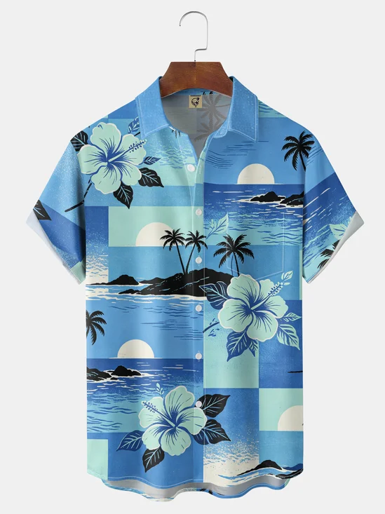 Moisture-Wicking Vintage Tropical Geometric Hibiscus Palm Tree Island Landscape Chest Pocket Hawaiian Shirt