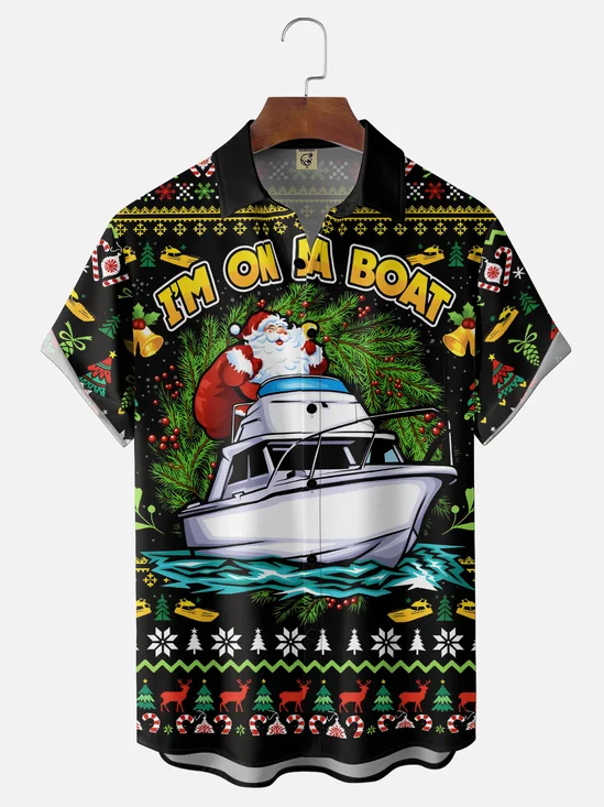 Moisture-Wicking Christmas Theme Santa Snowflakes Reindeer Geometric Patterns  Chest Pocket Hawaiian Shirt