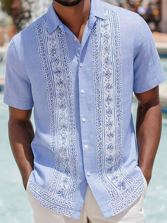 Linen-Texture Abstract Geometric Stripe Casual Shirt