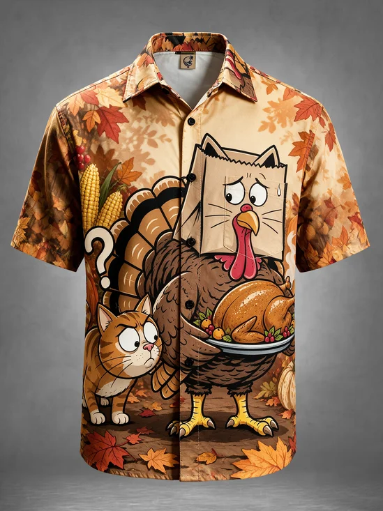 Moisture-Wicking Thanksgiving Cartoon Funny Turkey Cat‑Mask Paper Bag Autumn Chest Pocket Holiday Hawaiian Shirt