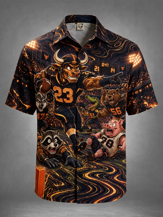 Moisture-Wicking Game Day Football Team Cow Pig Raccoon Brown Bear Wolf Chest Pocket Hawaiian Shirt