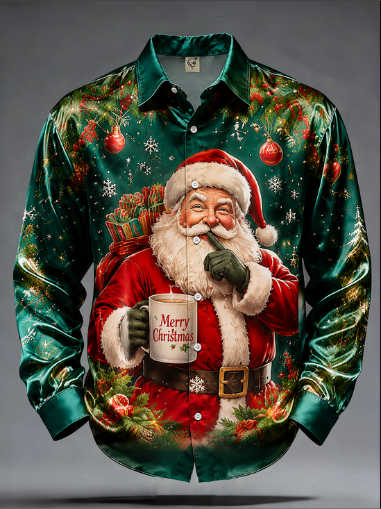 Breathable Silk Satin Christmas Lights & Santa Claus Print  Long-Sleeve Casual Shirt