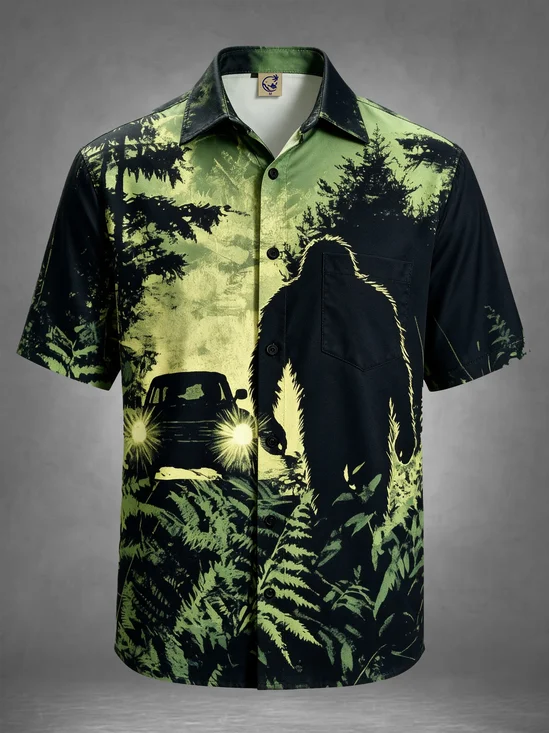 Moisture-Wicking Halloween Vintage Bigfoot Silhouette Truck Headlights Wilderness Forest Camping Chest Pocket Holiday Hawaiian Shirt