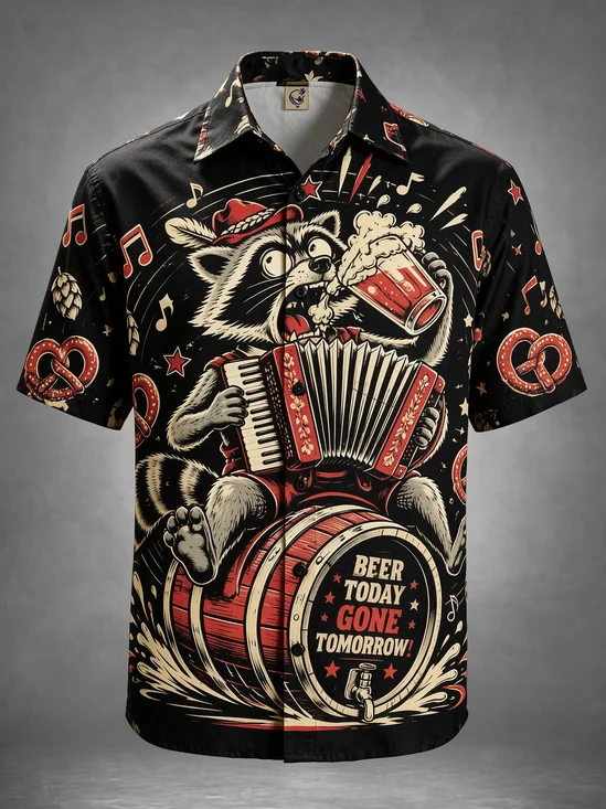 Moisture-Wicking Vintage Cartoon Raccoon Accordion Beer "Beer Today Gone Tomorrow" Barrel Pretzel Music Chest Pocket Hawaiian Shirt