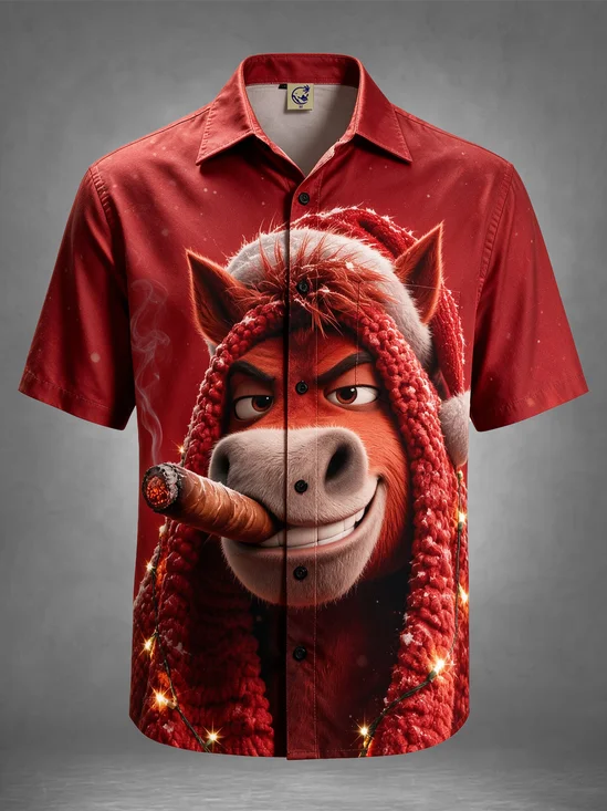 Moisture-Wicking Ugly Christmas Style Funny Santa Hat Cigar Chest Pocket Holiday Hawaiian Shirt