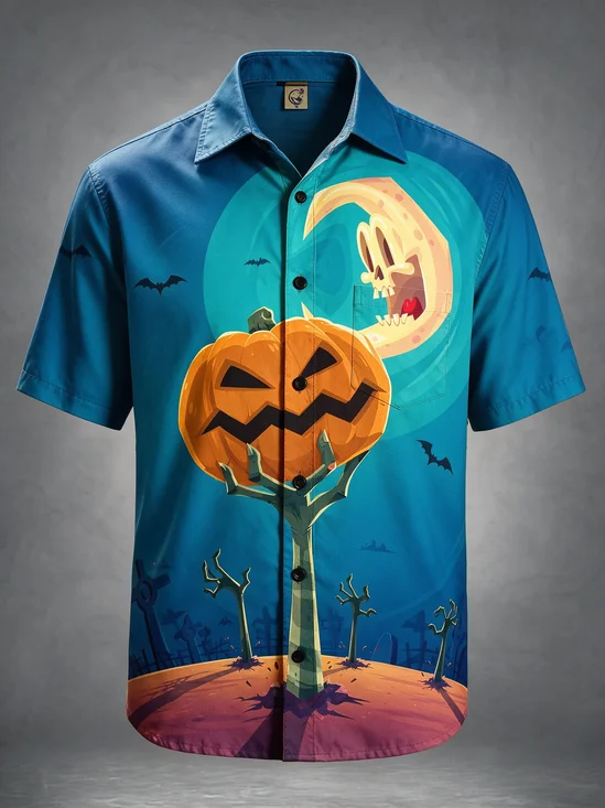 Moisture-Wicking Cartoon Halloween Pumpkin Ghost Moon Bat Graveyard Scene Chest Pocket Holiday Hawaiian Shirt