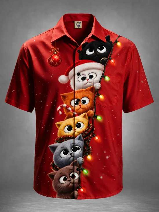 Moisture-Wicking Funny Ugly Christmas Santa Hat Cats Chest Pocket Holiday Hawaiian Shirt