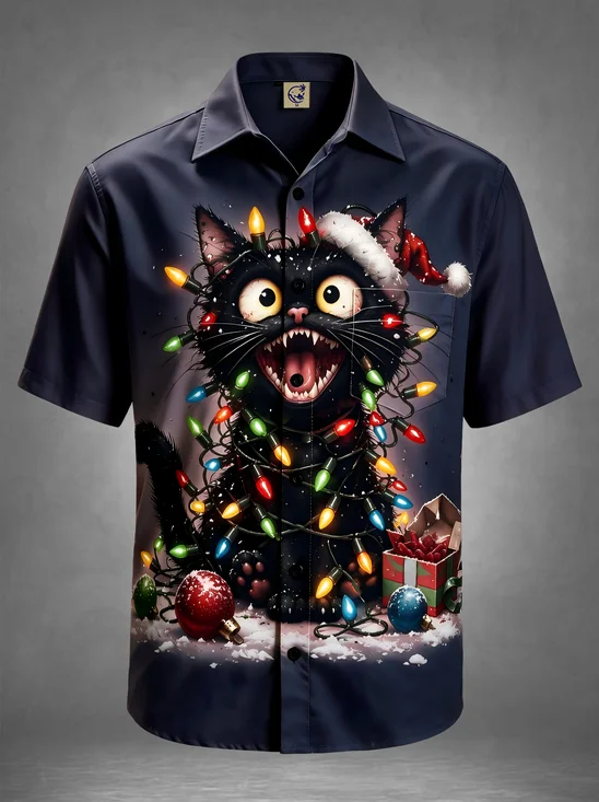 Moisture-Wicking Funny Ugly Christmas Style Santa Hat Cat Chest Pocket Holiday Hawaiian Shirt