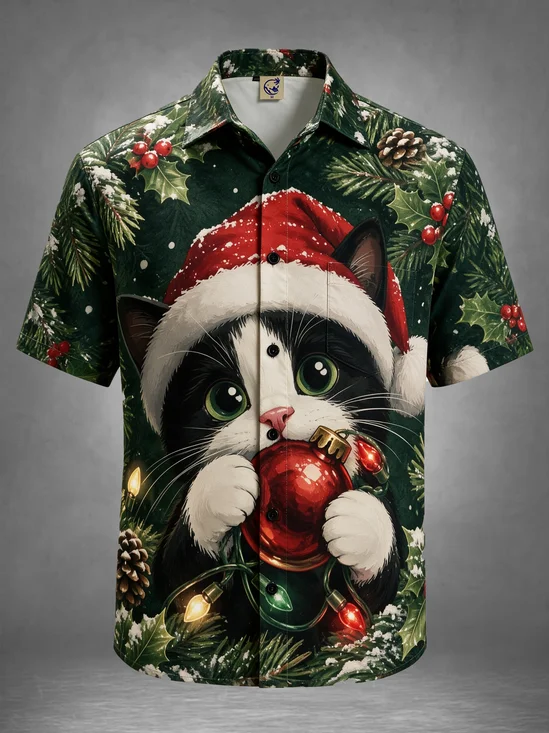 Moisture-Wicking Ugly Christmas Cat Holding Santa Hat Holly Pine Cone Chest Pocket Holiday Hawaiian Shirt