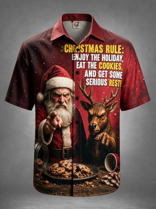 Moisture-Wicking Funny Ugly Christmas Humor Santa & Reindeer Cookies Quote Chest Pocket Holiday Hawaiian Shirt