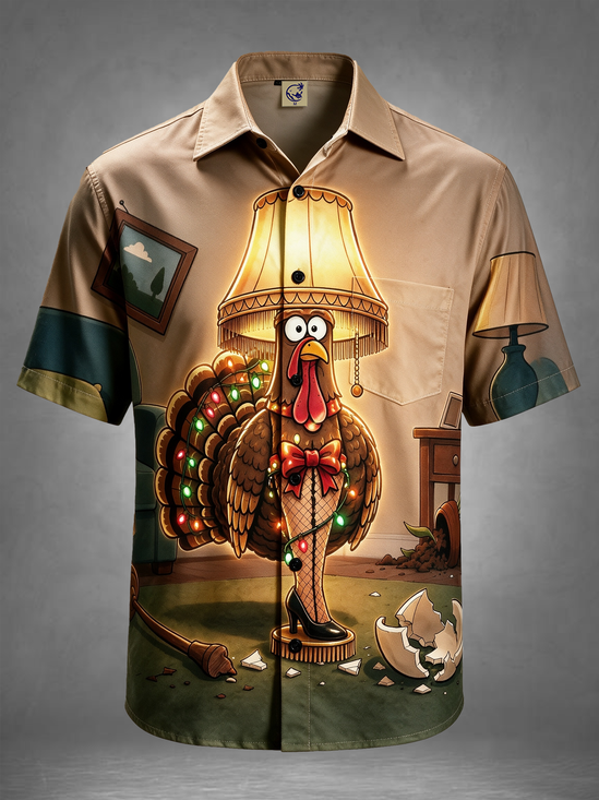 Moisture-Wicking Thanksgiving Funny Turkey Story Leg Lamp Living‑Room Chest Pocket Holiday Hawaiian Shirt