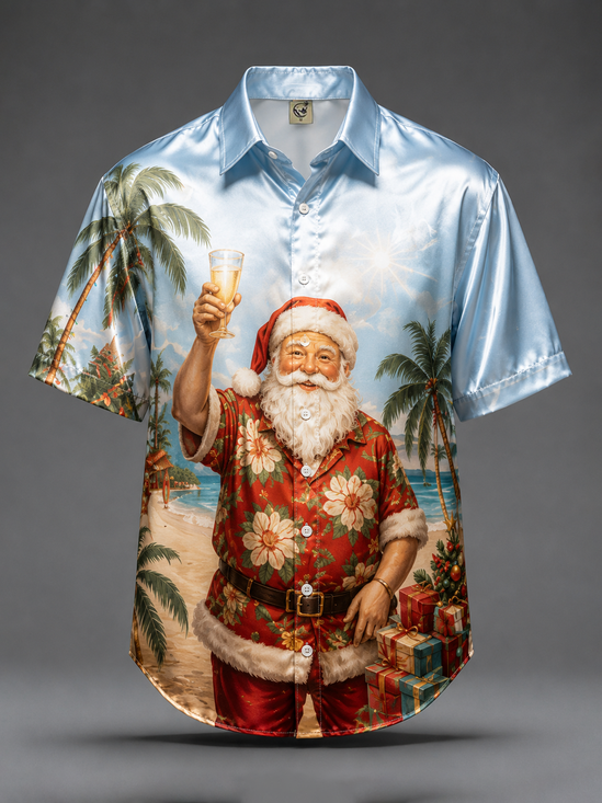 Breathable Silk Satin  Christmas Santa Beach Vacation Style Casual Shirt