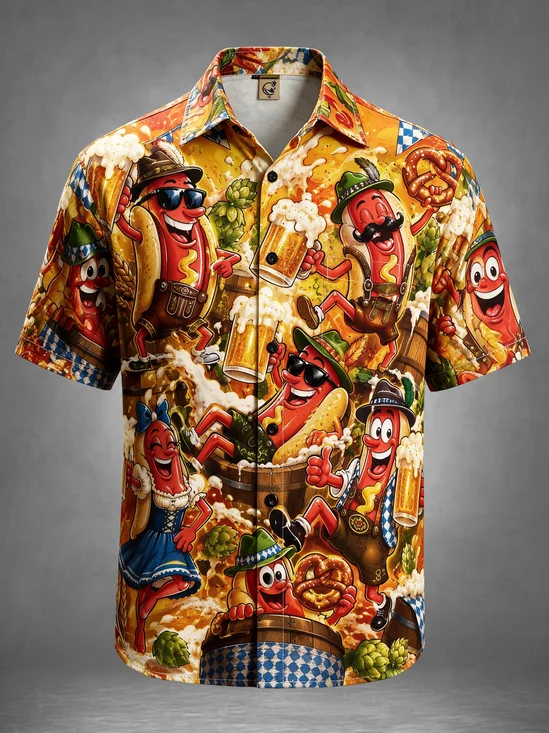 Moisture-Wicking Beer Festival Cartoon Bavarian Funny Sausage Characters Pretzel Hops Chest Pocket Holiday Hawaiian Shirt