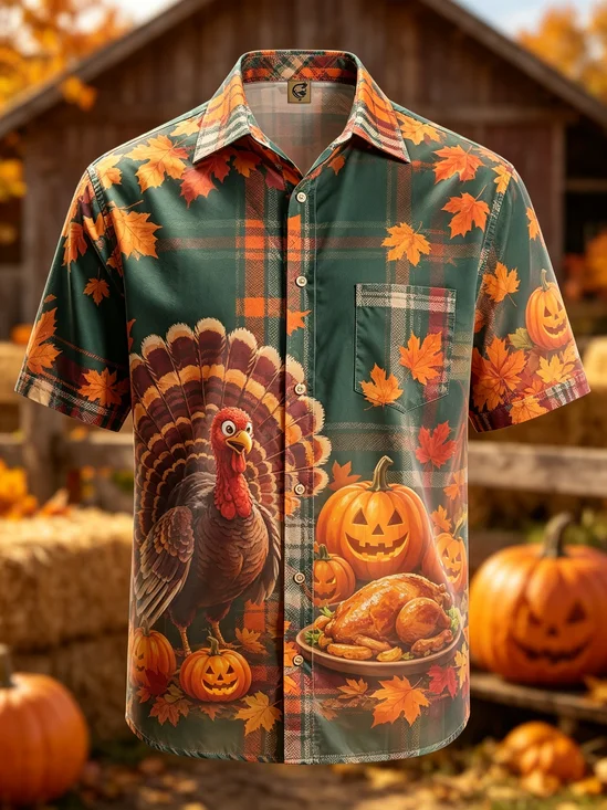 Moisture-Wicking Gradient Thanksgiving Theme Turkey Plaid Maple Leaf Pumpkin  Chest Pocket Hawaiian Shirt