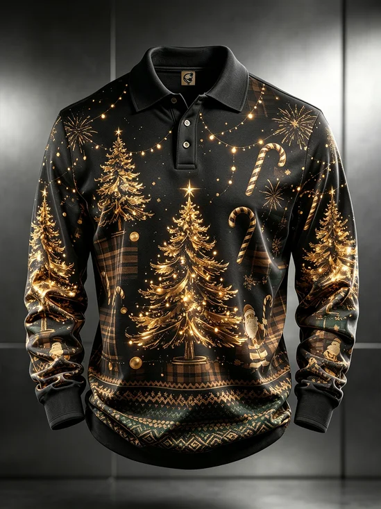 Moisture-Wicking Gradient Christmas Print Christmas Tree Snowflake Plaid Long-Sleeve Hawaiian Golf Polo