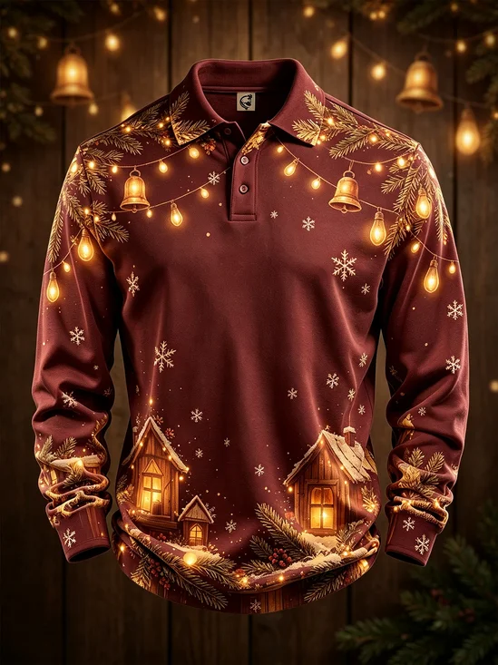 Moisture-Wicking Gradient  Christmas Theme Lights Bells Houses Snowflakes Long-Sleeve Hawaiian Golf Polo