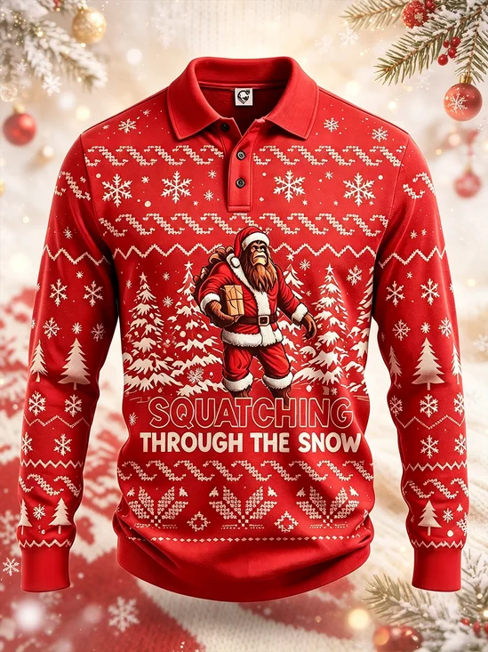 Moisture-Wicking Gradient  Christmas Bigfoot Christmas Tree Snowflake  Geometric Patterns Long-Sleeve Hawaiian Golf Polo