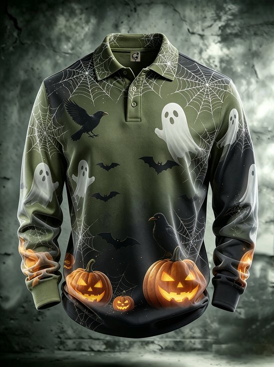 Moisture-Wicking Gradient Halloween Print Spiderweb Pumpkin Ghost Bat Crow Long-Sleeve Hawaiian Golf Polo