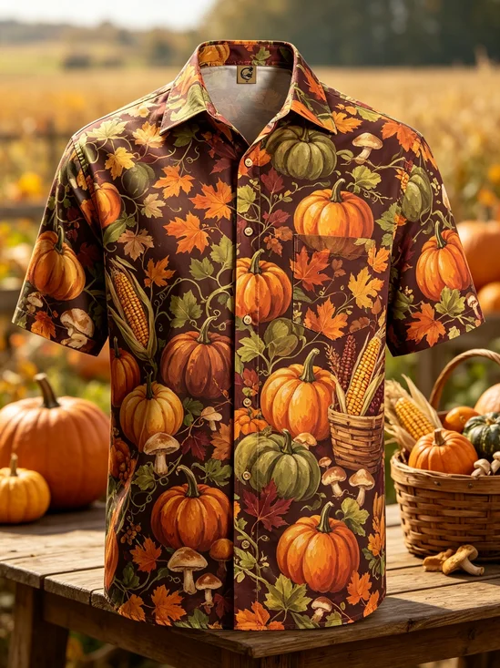 Moisture-Wicking Gradient Thanksgiving Pumpkin & Maple Leaf  Chest Pocket Hawaiian Shirt