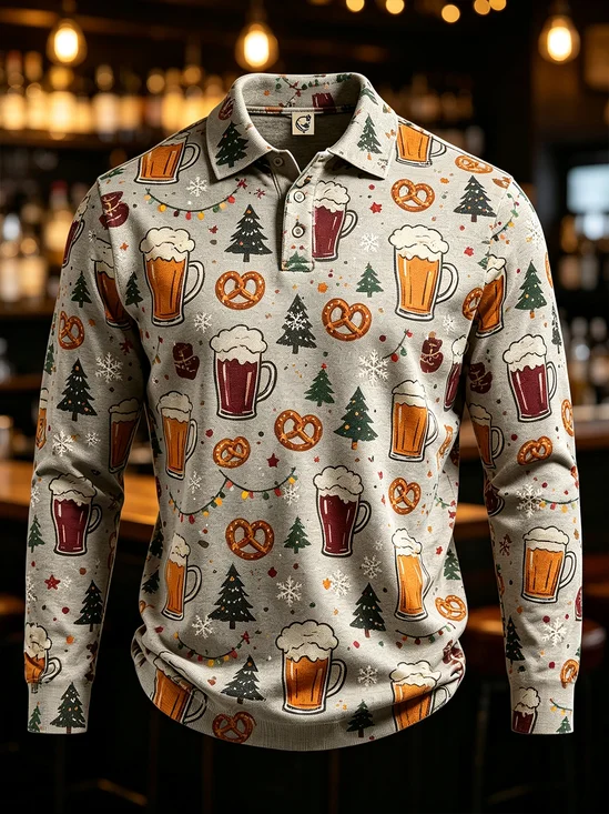 Moisture-Wicking Gradient Christmas Print Christmas Tree Snowflake Beer Long-Sleeve Hawaiian Golf Polo