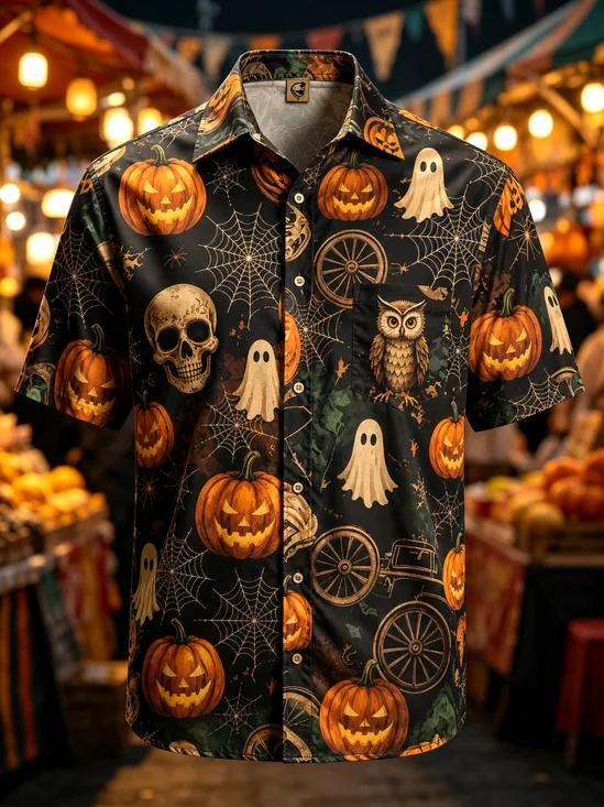 Moisture-Wicking Gradient  Halloween Theme Ghosts Skulls Pumpkins Spiderwebs Chest Pocket Hawaiian Shirt