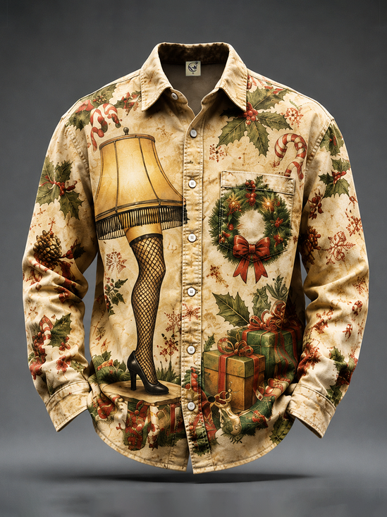 Moisture-Wicking Christmas-Themed Christmas Leg Lamp Print  Chest Pocket Long-Sleeve Casual Shirt