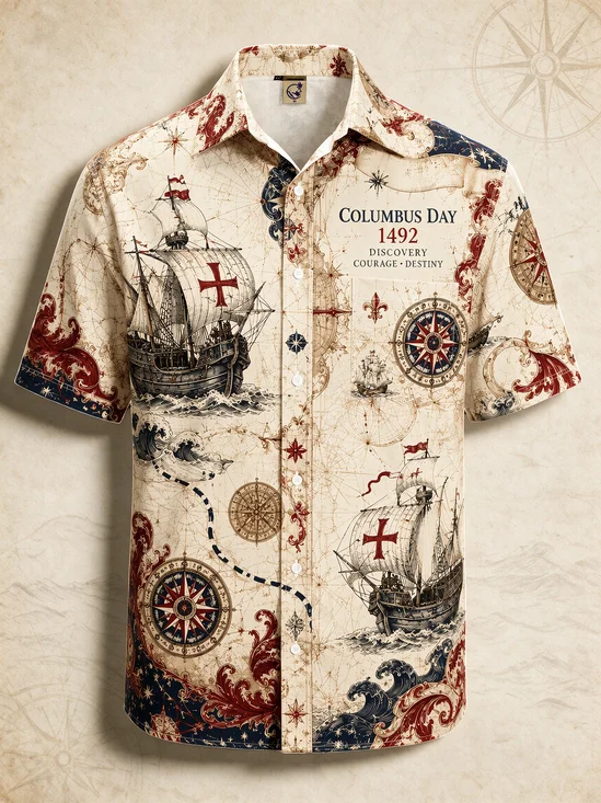 Moisture-Wicking Columbus Day 1492 Vintage Nautical Map Tall Ship Compass Scroll Grass Pattern Chest Pocket Hawaiian Shirt