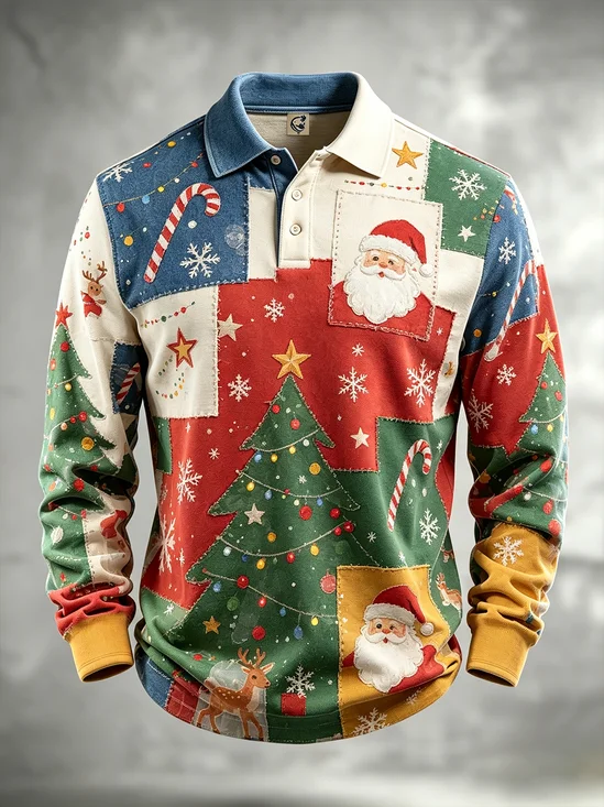 Moisture-Wicking Gradient Print  Christmas Theme Santa Snowflakes Christmas Tree Long-Sleeve Hawaiian Golf Polo