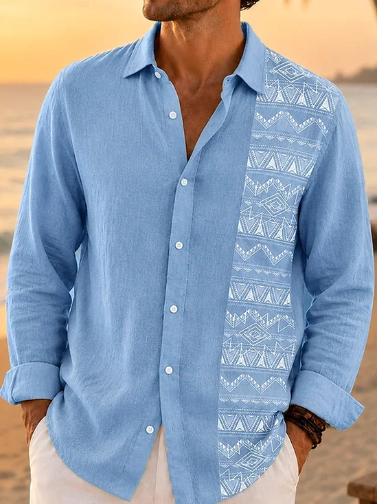 Linen-Texture Abstract Geometric Ethnic-Style Casual Long-Sleeve Shirt