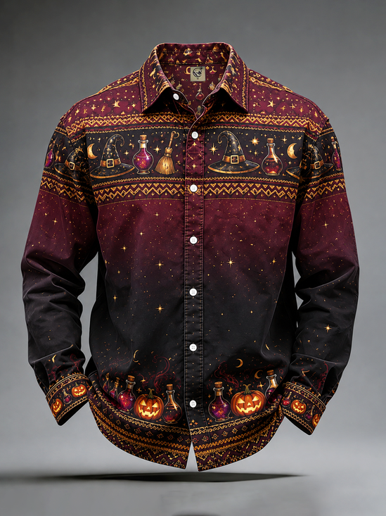 Moisture-Wicking Halloween Pumpkin Lantern & Wizard Hat Print Long-Sleeve Casual Shirt