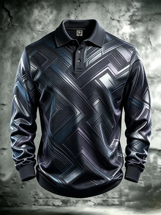 Moisture-Wicking Gradient 3D Abstract Geometric Color-Block Long-Sleeve Hawaiian Golf Polo
