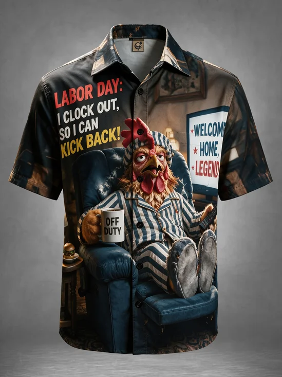 Moisture-Wicking Labor Day Funny "I Clock Out So I Can Kick Back" Off‑Duty Rooster Recliner Chest Pocket Holiday Hawaiian Shirt