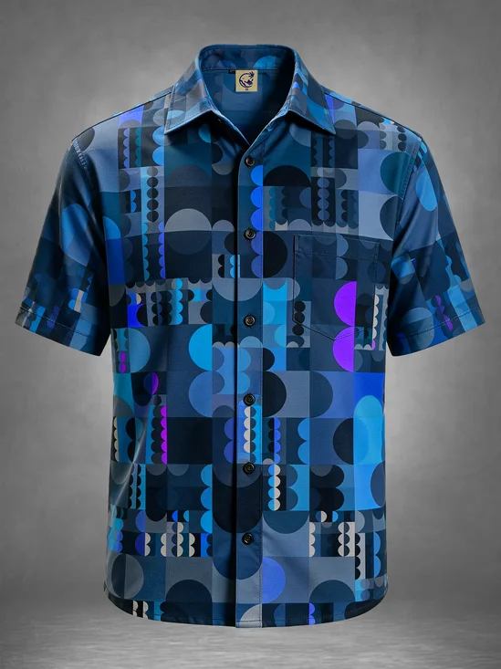 Moisture-Wicking Vintage Bauhaus Style Mid‑Century Modern Geometric Abstract Retro Pattern Chest Pocket Casual Hawaiian Shirt