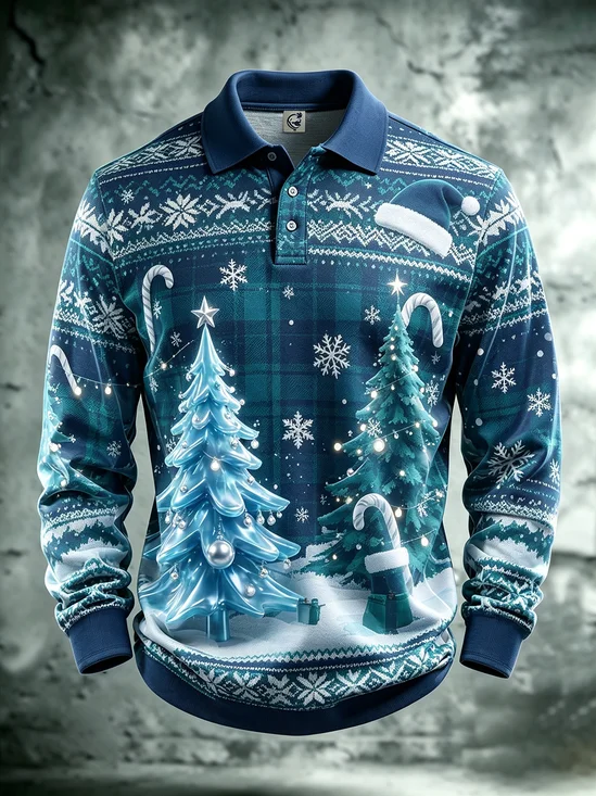 Moisture-Wicking Gradient Christmas Print Christmas Tree Snowflake Santa Hat Long-Sleeve Hawaiian Golf Polo