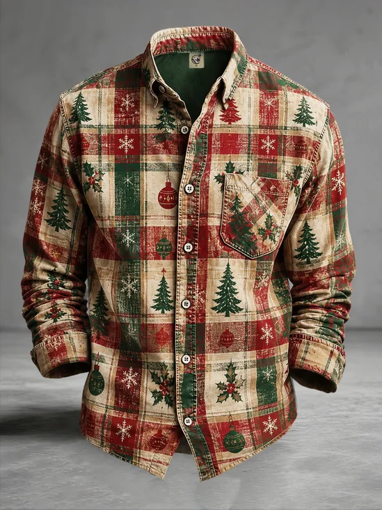 Moisture-Wicking  Christmas Tree Plaid Chest Pocket Long-Sleeve Casual Shirt