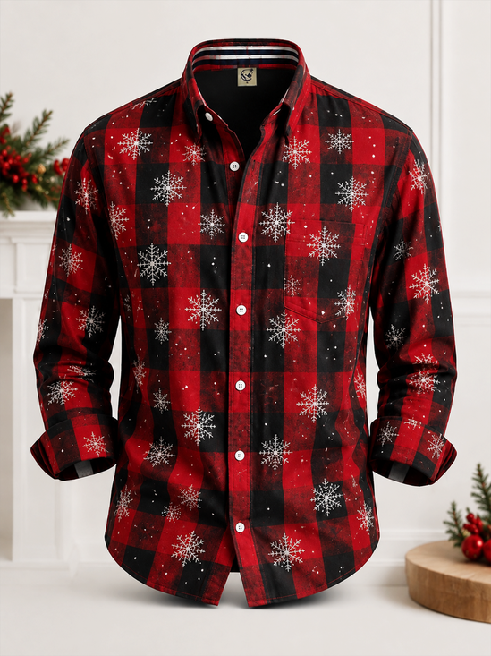 Moisture-Wicking  Christmas Snowflake Plaid Chest Pocket Long-Sleeve Casual Shirt