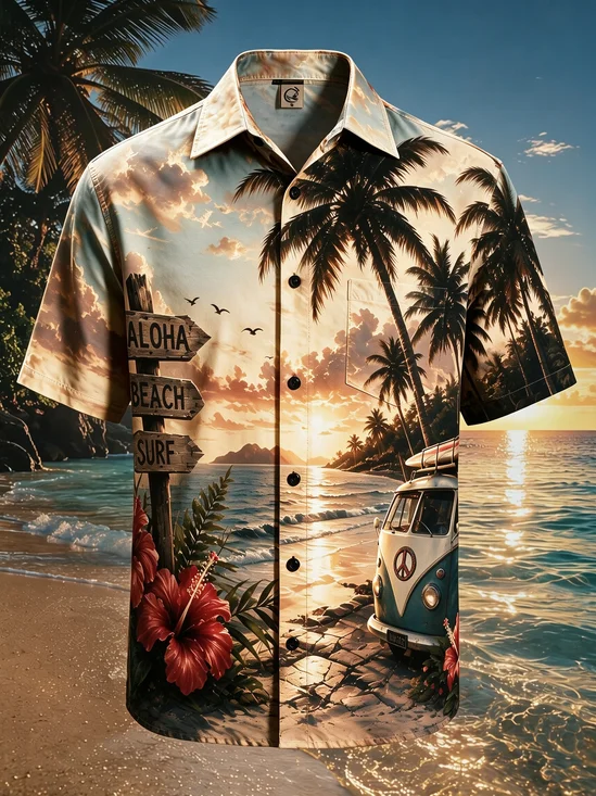Moisture-Wicking Aloha Beach Vintage Tropical Peace Symbol Sunset Hibiscus Palm Tree Chest Pocket Hawaiian Shirt