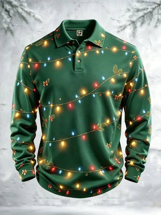 Moisture-Wicking Christmas Lights Long-Sleeve Hawaiian Golf Polo