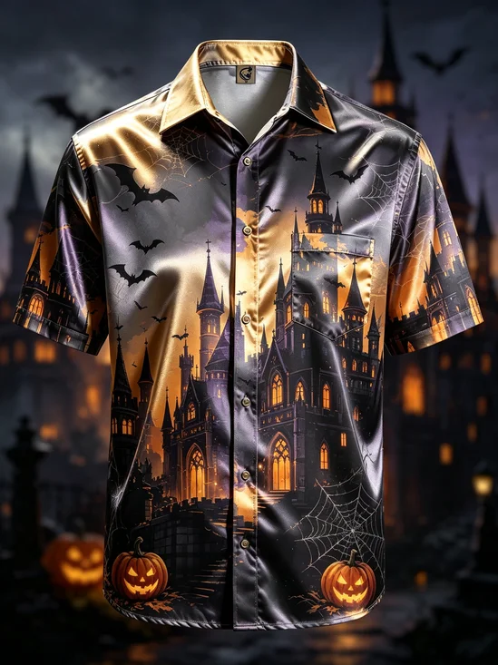 Silk Satin Breathable  Gradient  Castle Pumpkin Bat  Spiderweb Print  Chest Pocket Hawaiian Shirt