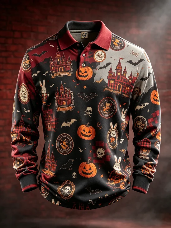 Moisture-Wicking Gradient Halloween Print Castle Pumpkin Bat Long-Sleeve Hawaiian Golf Polo