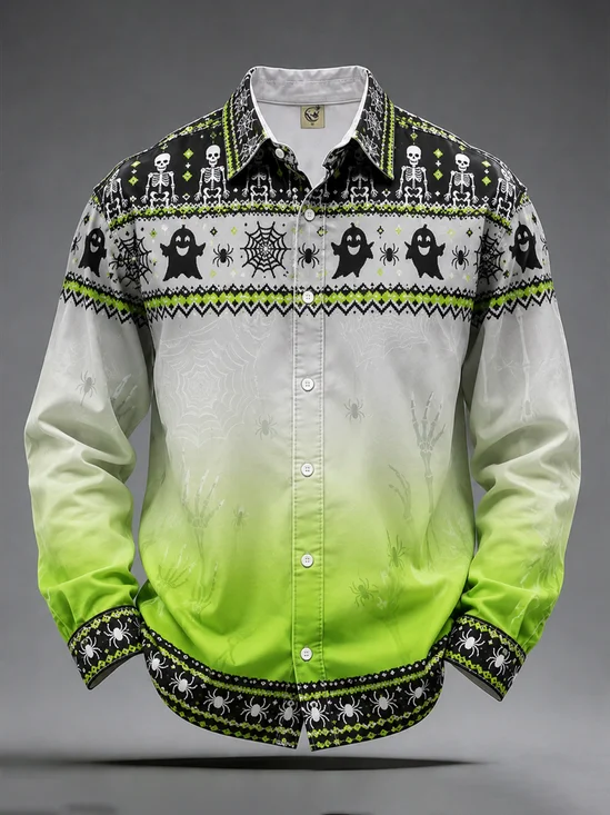 Moisture-Wicking Halloween Pumpkin Ghost Spider Print Long-Sleeve Casual Shirt