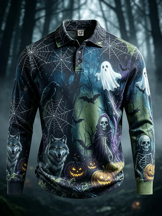 Moisture-Wicking Gradient Halloween Print Skulls Ghosts Spiderwebs Pumpkins Bats Long-Sleeve Hawaiian Golf Polo
