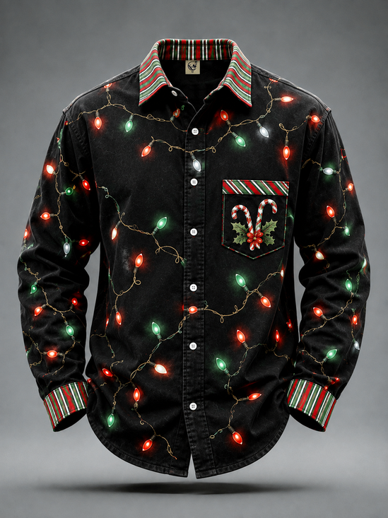 Moisture-Wicking Christmas Lights & Candy Cane Chest Pocket  Long-Sleeve Casual Shirt