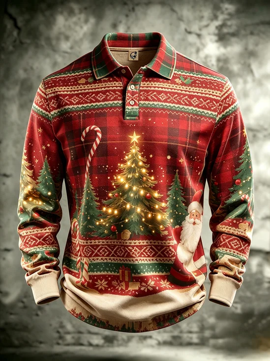 Moisture-Wicking Gradient Christmas-Themed Santa Christmas Tree Snowflake Geometric Patterns  Long-Sleeve Hawaiian Golf Polo