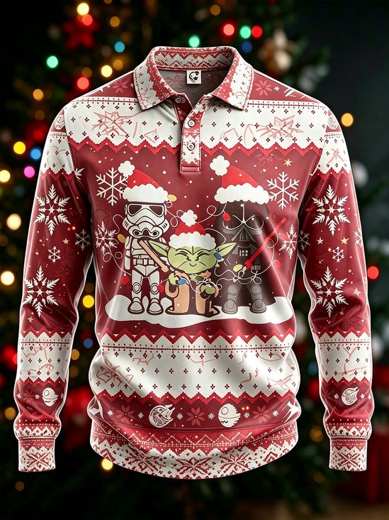 Moisture-Wicking Gradient Christmas Theme Robot In Santa Hat Snowflakes Geometric Patterns Long-Sleeve Hawaiian Golf Polo