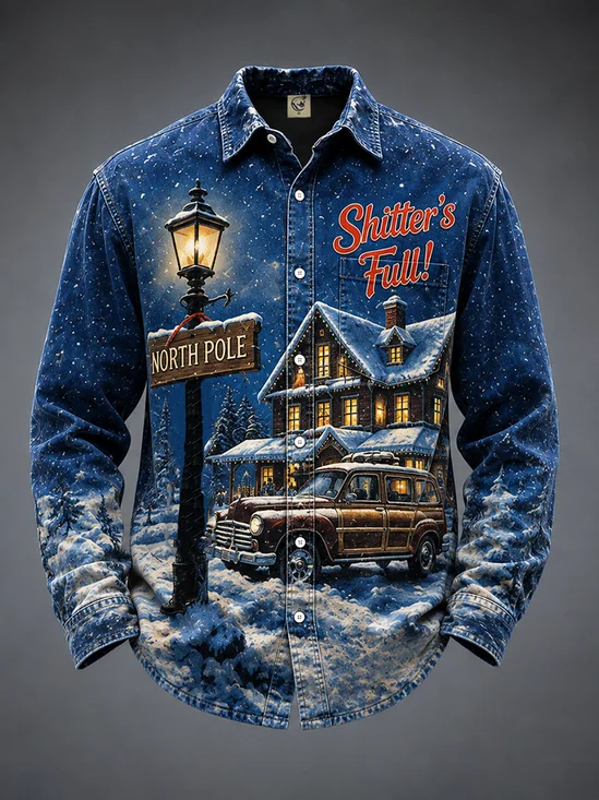 Moisture-Wicking Christmas "Shitter's Full" Chest Pocket Long-Sleeve Casual Shirt