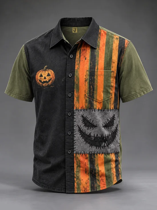 Moisture-wicking Halloween Spooky Pumpkin Ghost Chest Pocket Holiday Shirt