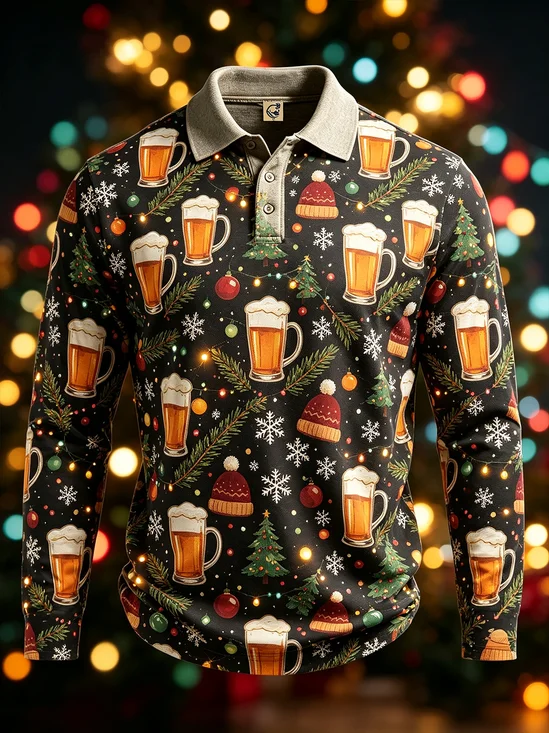 Moisture-Wicking Gradient Christmas Print Christmas Tree Snowflake Beer Long-Sleeve Hawaiian Golf Polo