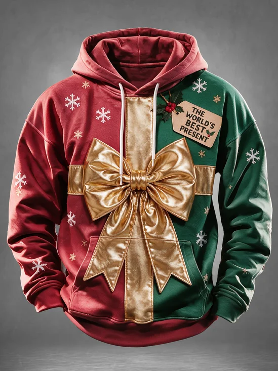 Christmas Funny “The World’s Best Present” Christmas Gift Box with Large Bow Kangaroo-Pocket Hoodie Sweatshirt